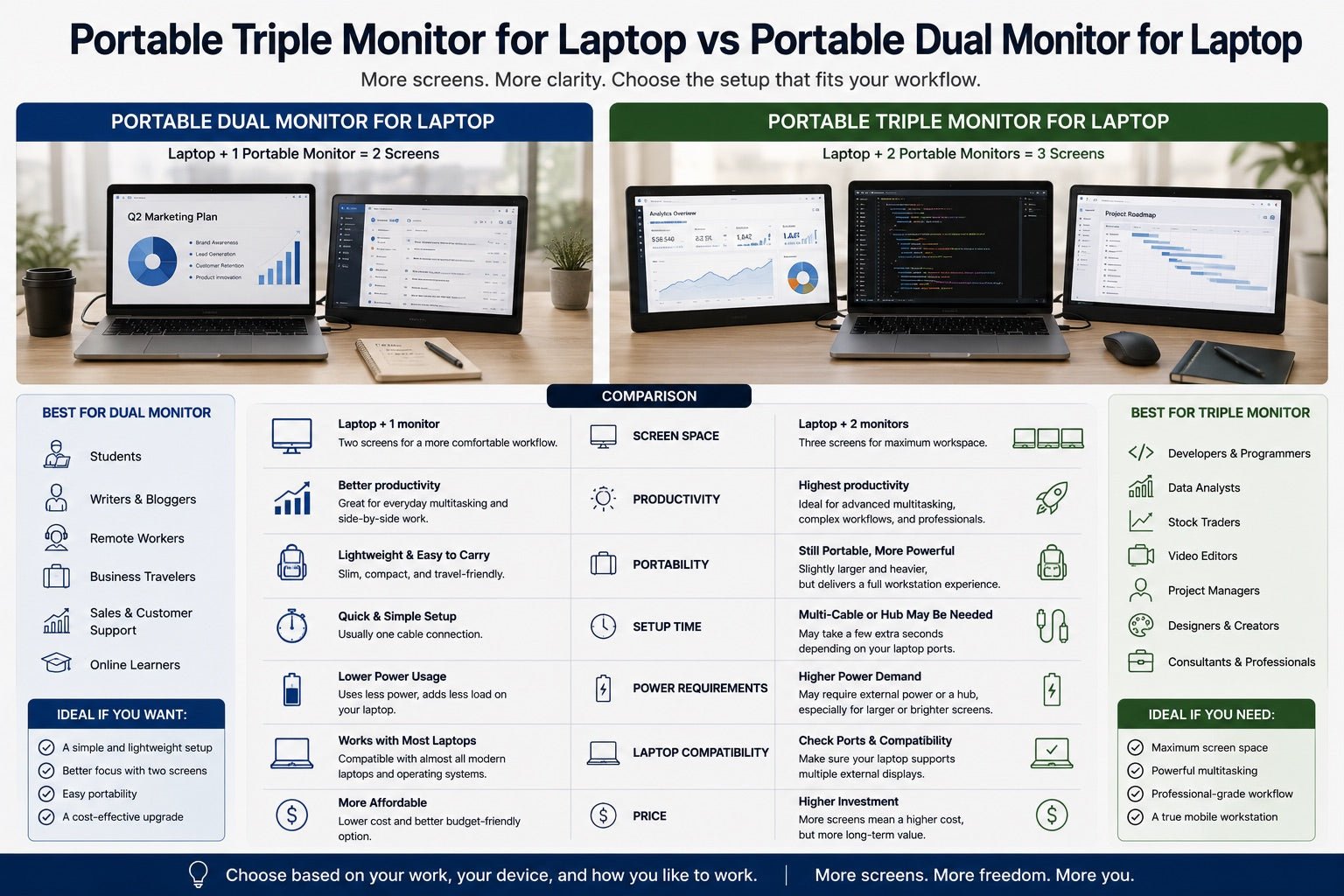 Portable Triple Monitor for Laptop vs Portable Dual Monitor for Laptop - INVZI