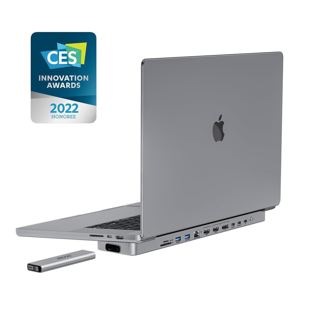 INVZI MagHub MacBook docking station with a pop-up SSD enclosure