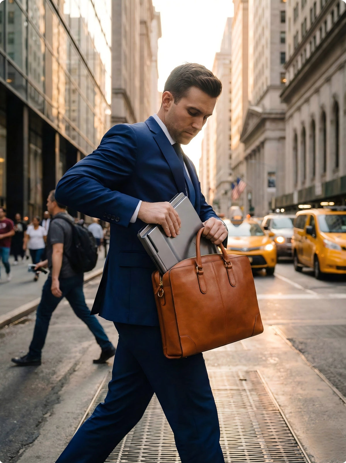 Person carrying a folded screen extender and a brown briefcase on a city street.