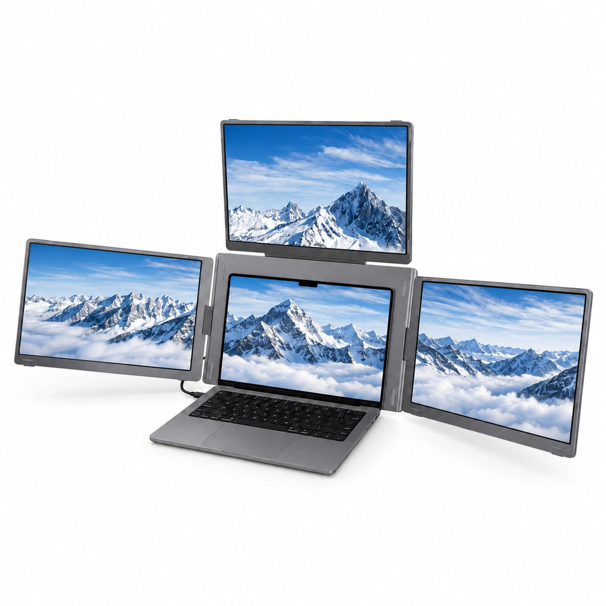 Angled front view of MagHub Quad 16 with the side and top screens unfolded around a laptop.