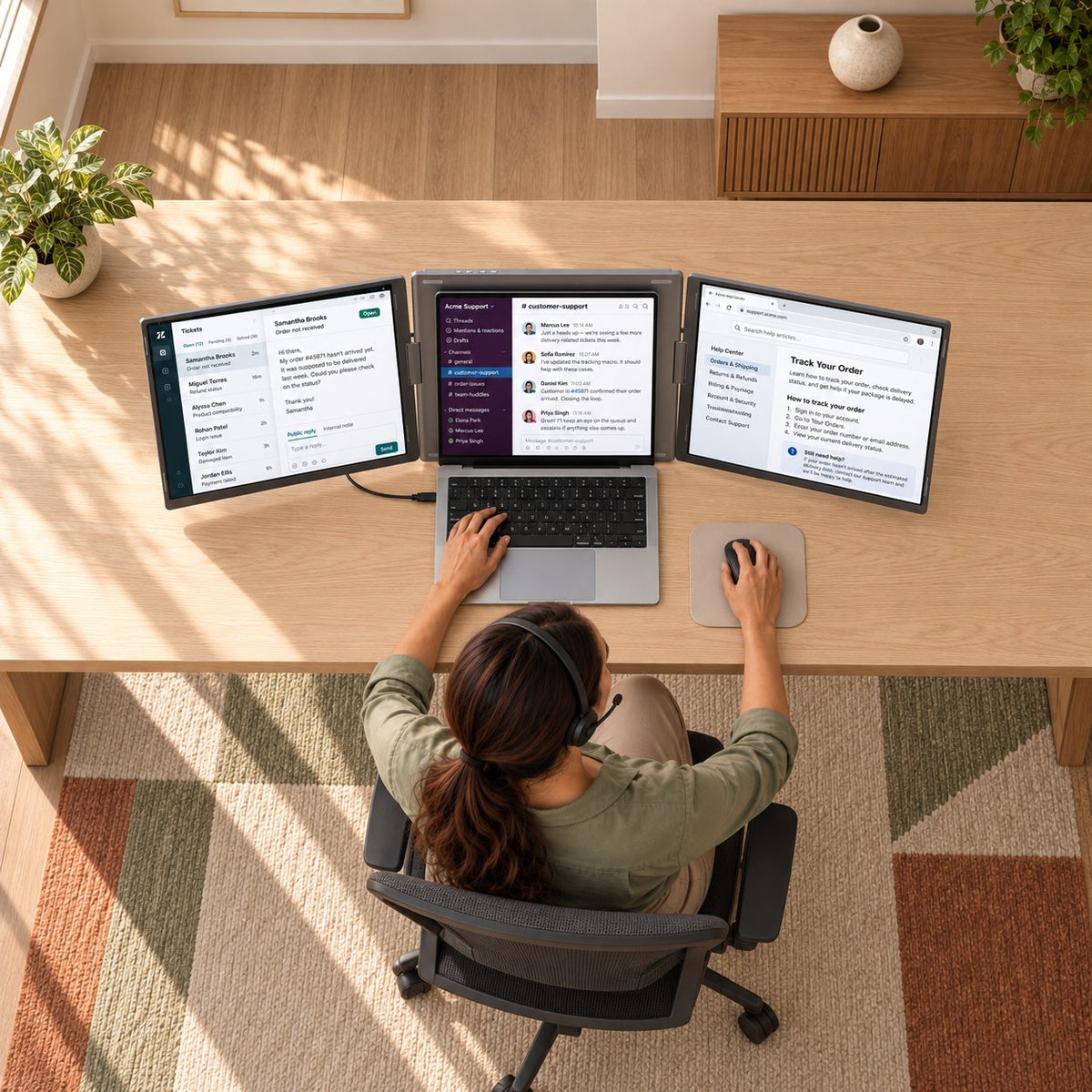 Overhead view of a headset wearer using MagHub Trio Go 16 for email, chat, and documents.