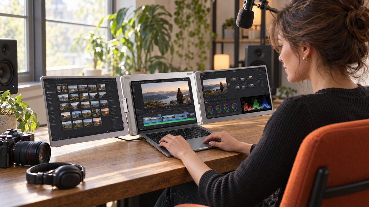 Person editing video with MagHub Trio Go 16 at a desk with a camera and headphones nearby.