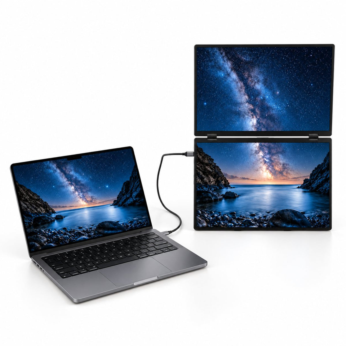 MagHub Fold 16 vertical dual-display setup next to a laptop.