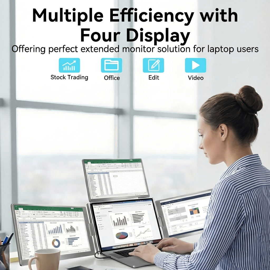 MagHub Quad Pro 16 portable triple monitor for laptop showing four displays for office productivity