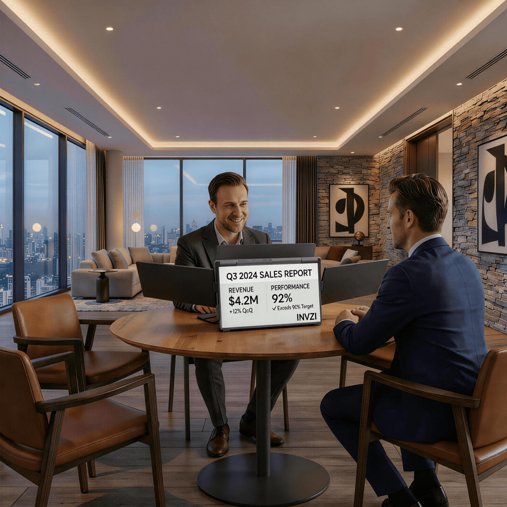 MagHub Quad Pro 16 portable triple monitor for laptop presenting Q3 sales report in meeting