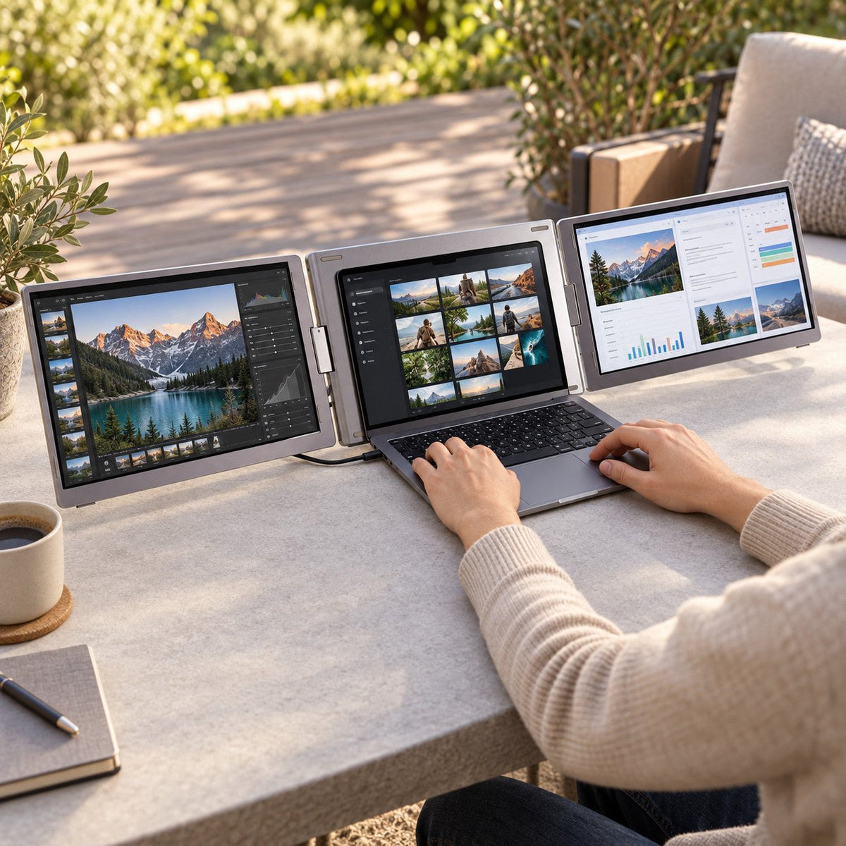 Person using MagHub Trio Go 16 outdoors with photo editing, image thumbnails and charts on three screens.