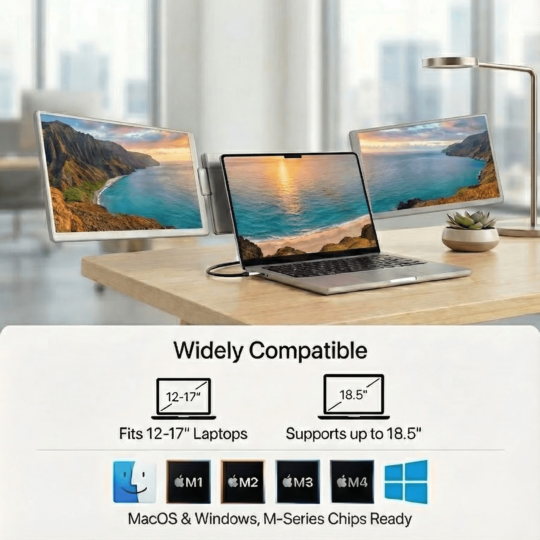 MagHub Trio Go 16" portable triple screen extender showing wide laptop compatibility with MacOS, Windows, and M-series chip support