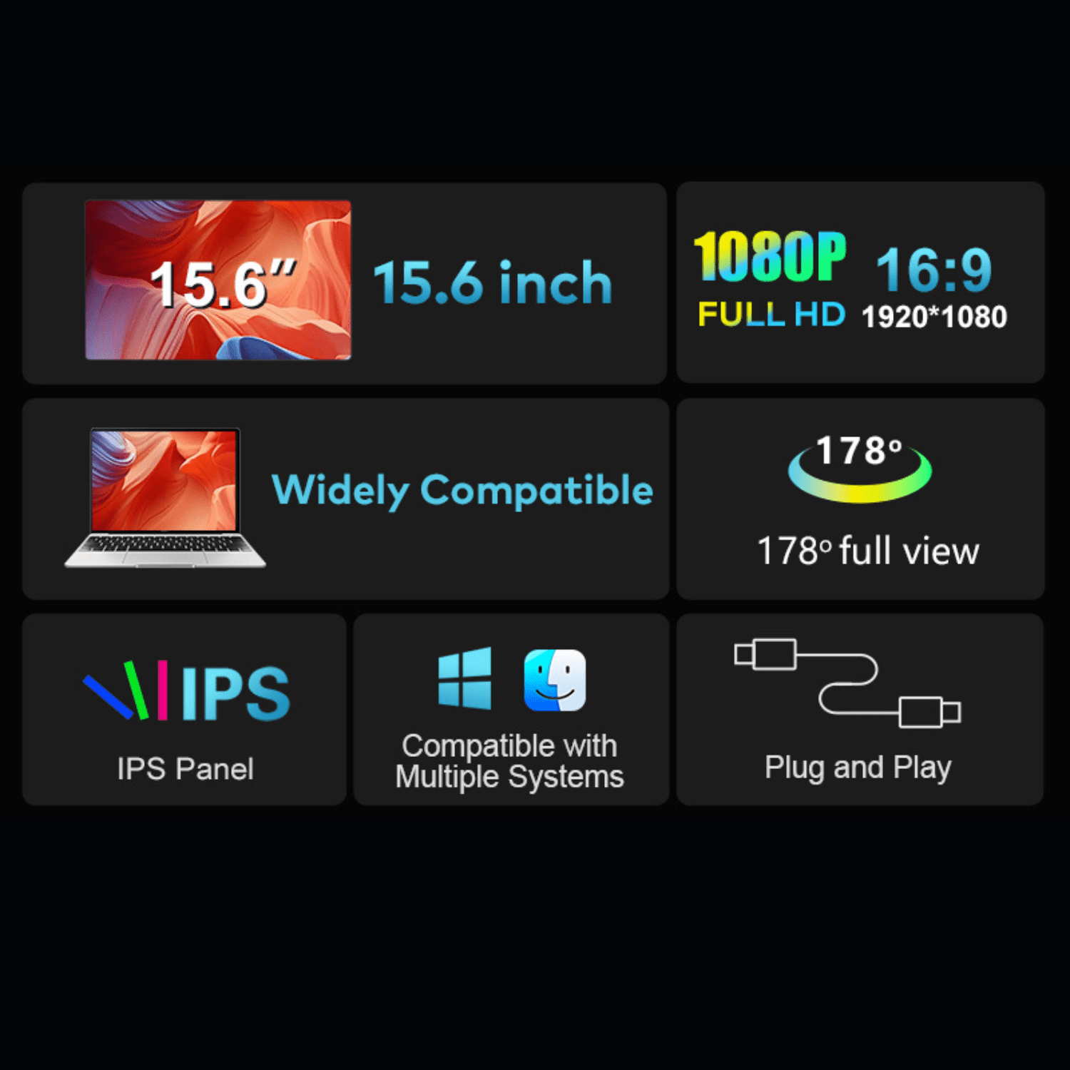 MagHub Triple Monitor with Rotation Detachable Screen Extender 15.6 inches 1080P - INVZI