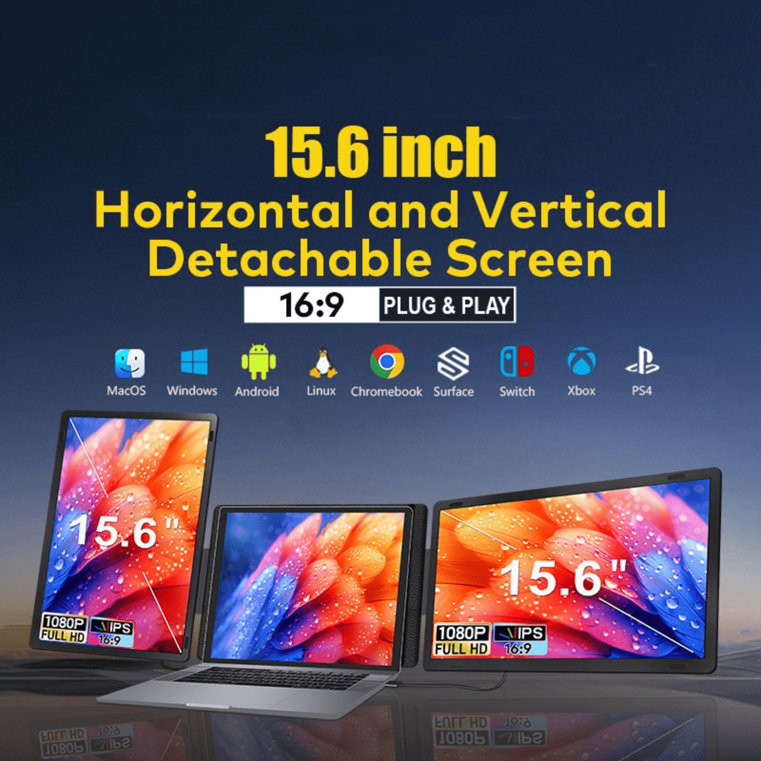 MagHub Triple Monitor with Rotation Detachable Screen Extender 15.6 inches 1080P - INVZI