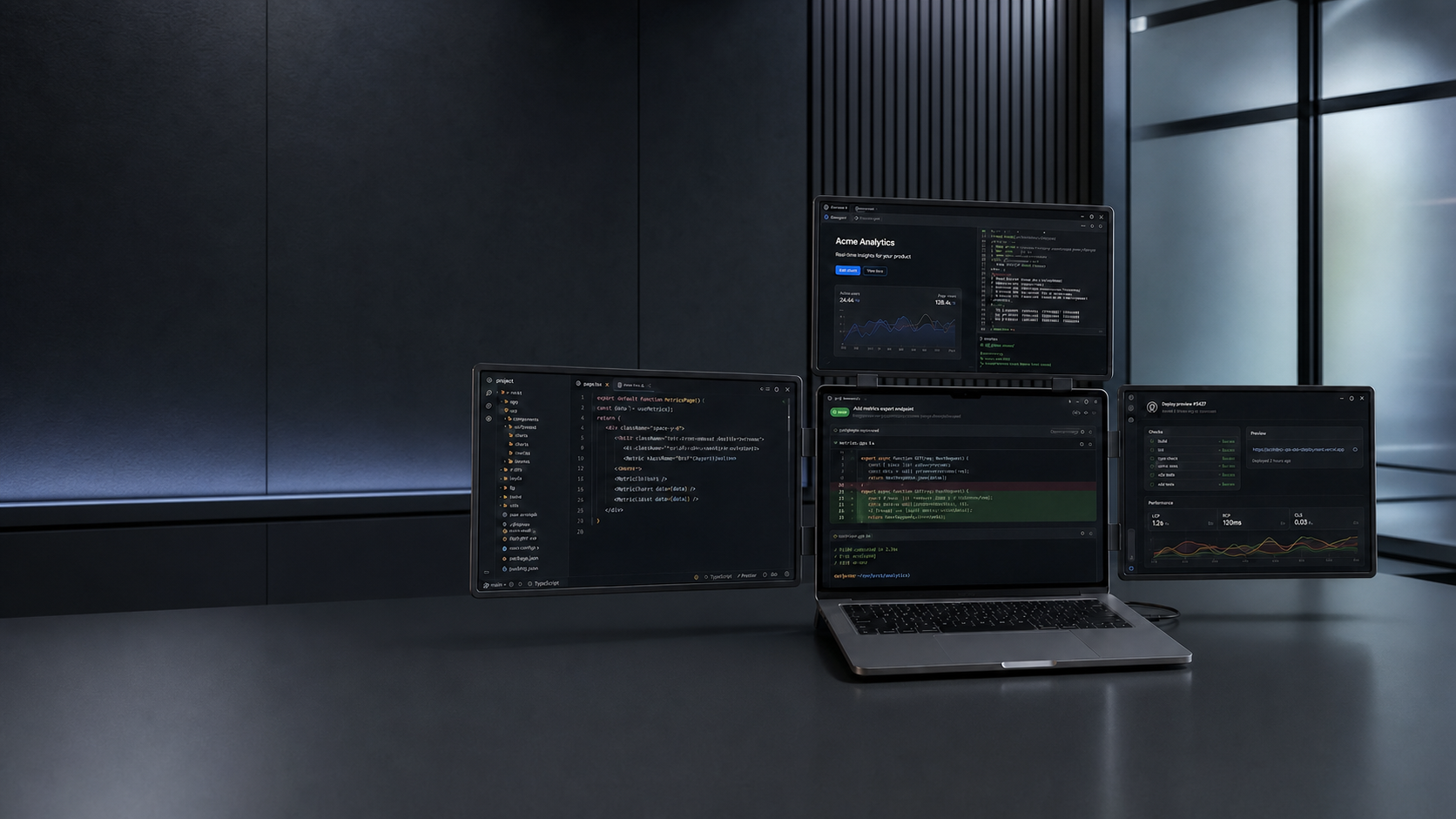 MagHub four-screen workspace showing code, AI development, preview, and deployment tools