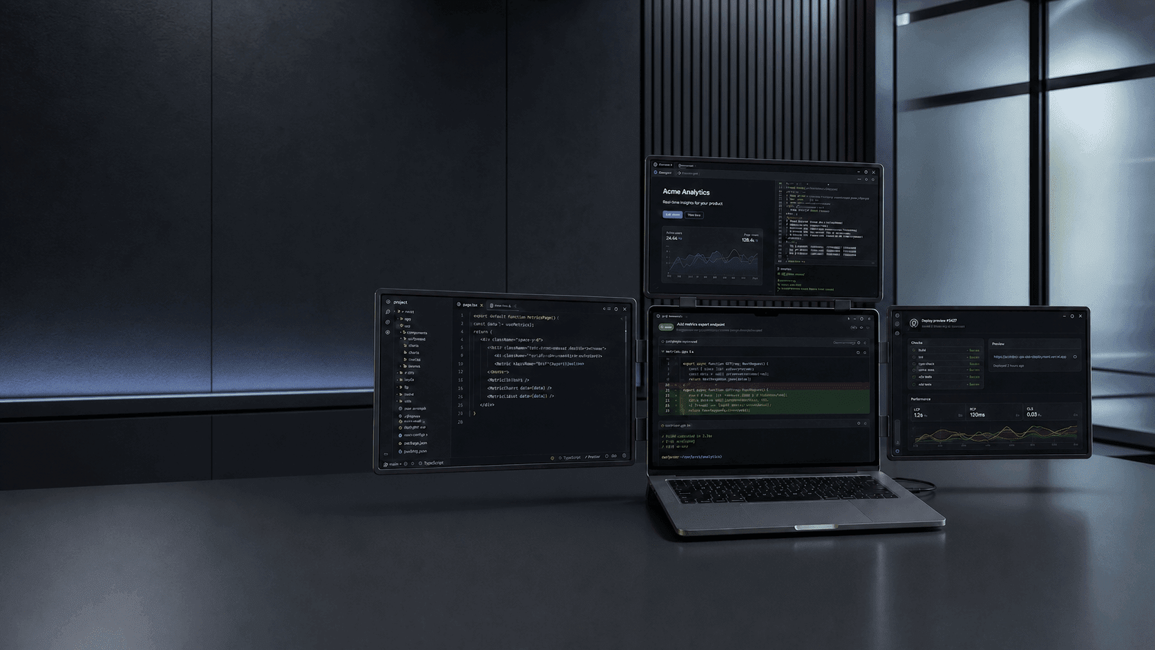 MagHub four-screen workspace showing code, AI development, preview, and deployment tools