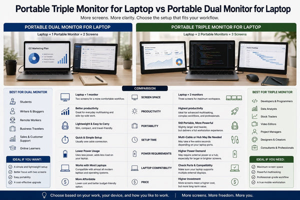 Portable Triple Monitor for Laptop vs Portable Dual Monitor for Laptop - INVZI