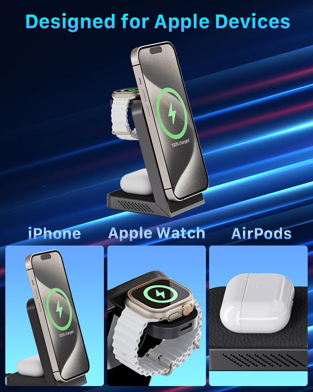 MagFree Transform 3-in-1 Fast Wireless Charger for iPhone 15, Apple Watch and AirPods - INVZI