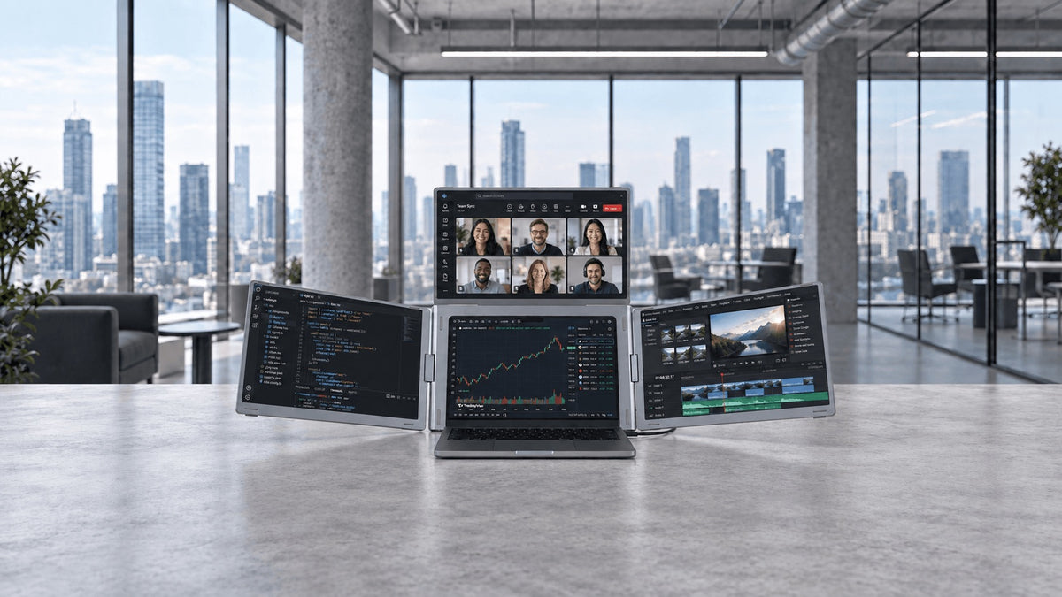 Laptop expanded into an INVZI MagHub Quad Max four-screen workspace