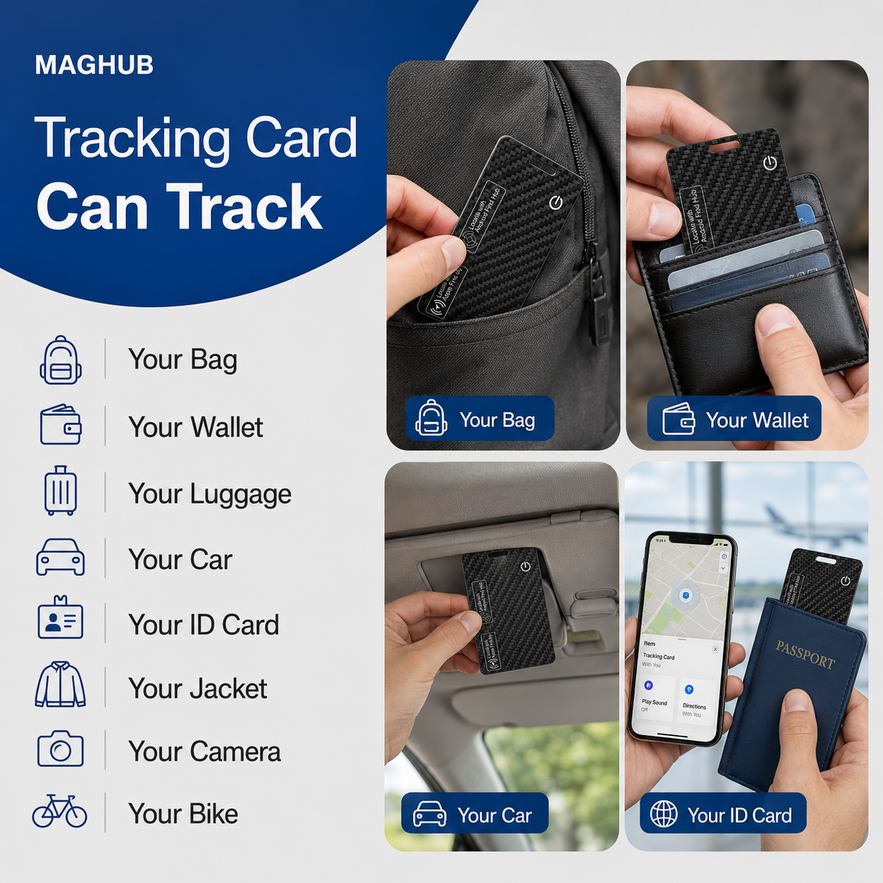 Wallet Tracker Card for iOS & Android Rechargeable Smart Wallet Finder with Apple Find My and Google Find Hub Wireless Charging, IP68 Waterproof Locator for Wallet, Keys, Bags, Passport, Black