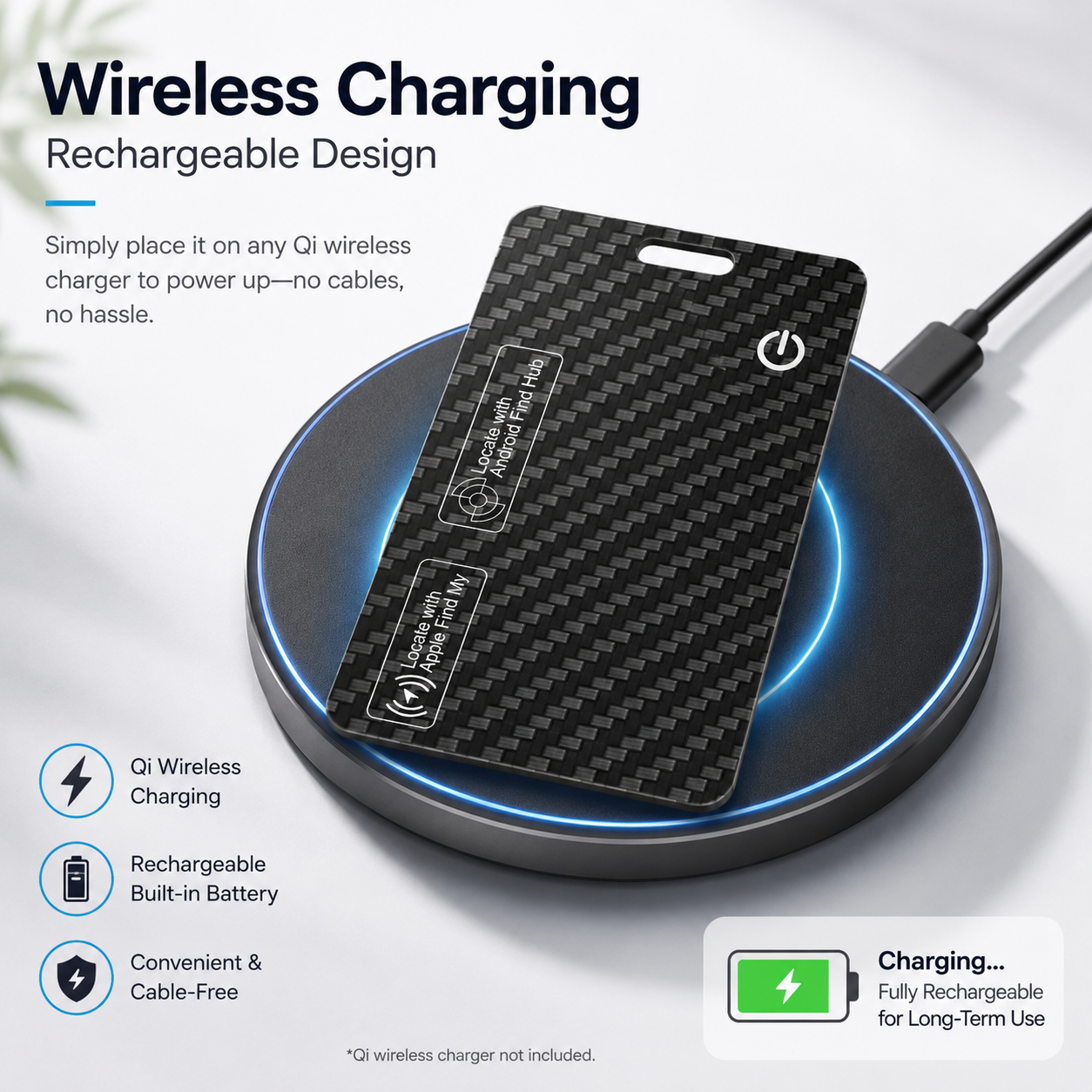 Wallet Tracker Card for iOS & Android Rechargeable Smart Wallet Finder with Apple Find My and Google Find Hub Wireless Charging, IP68 Waterproof Locator for Wallet, Keys, Bags, Passport, Black