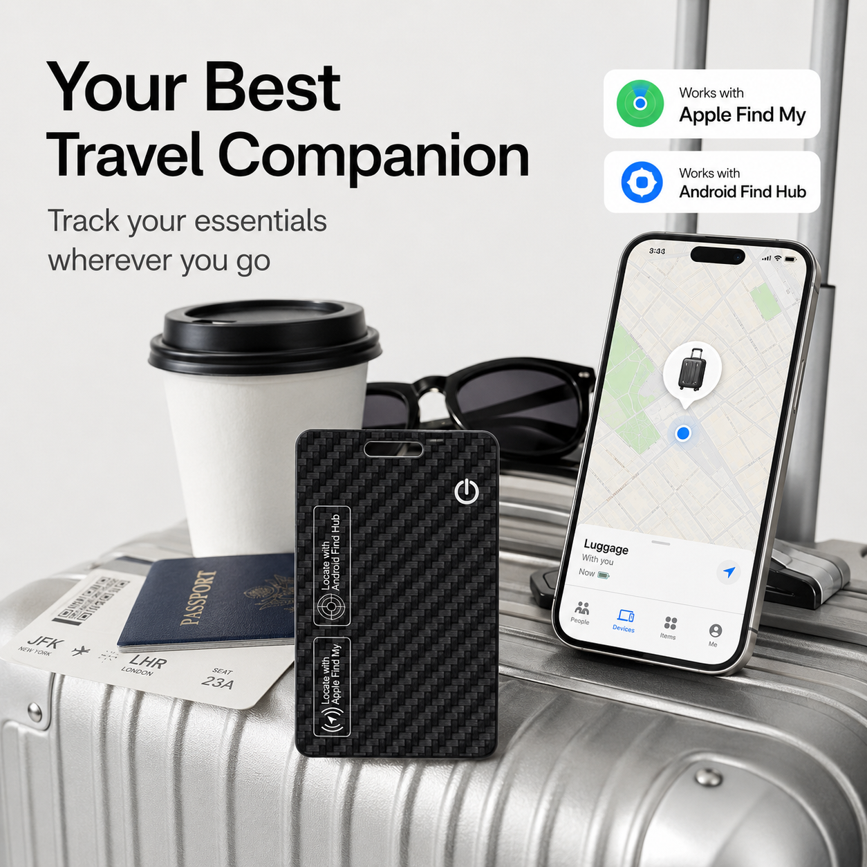 Wallet Tracker Card for iOS & Android Rechargeable Smart Wallet Finder with Apple Find My and Google Find Hub Wireless Charging, IP68 Waterproof Locator for Wallet, Keys, Bags, Passport, Black