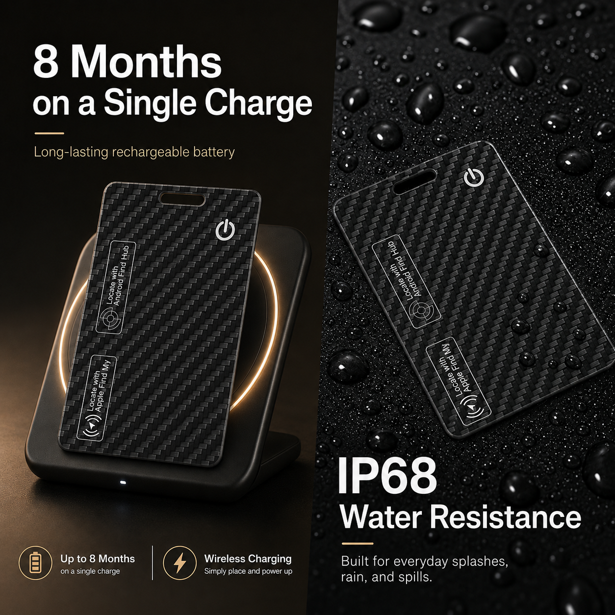 Wallet Tracker Card for iOS & Android Rechargeable Smart Wallet Finder with Apple Find My and Google Find Hub Wireless Charging, IP68 Waterproof Locator for Wallet, Keys, Bags, Passport, Black