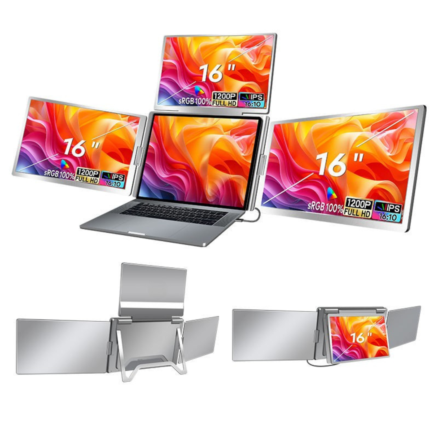 MagHub Quad 16" Laptop Screen Extender Quad Monitor FHD 1080P IPS with 3 Screens