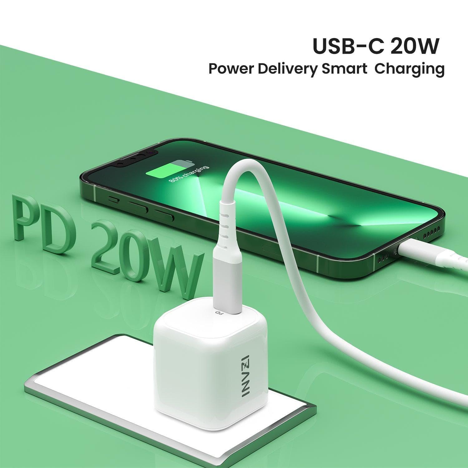 INVZI Power Adapters & Chargers iPhone Charger 20W【Apple MFi Certified】PD USB-C Charger with 6.6ft MFi Lightning Cable