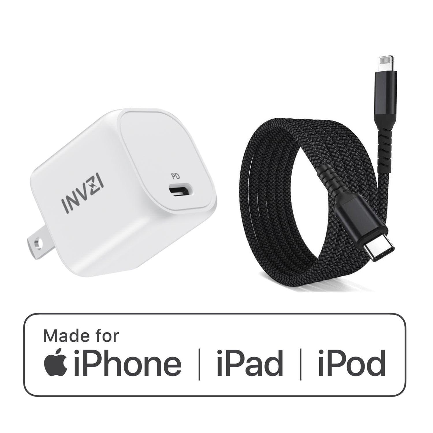 INVZI Power Adapters & Chargers GaNHub 20W + MFi Lightning Cable 6.6ft iPhone Charger 20W【Apple MFi Certified】PD USB-C Charger with 6.6ft MFi Lightning Cable