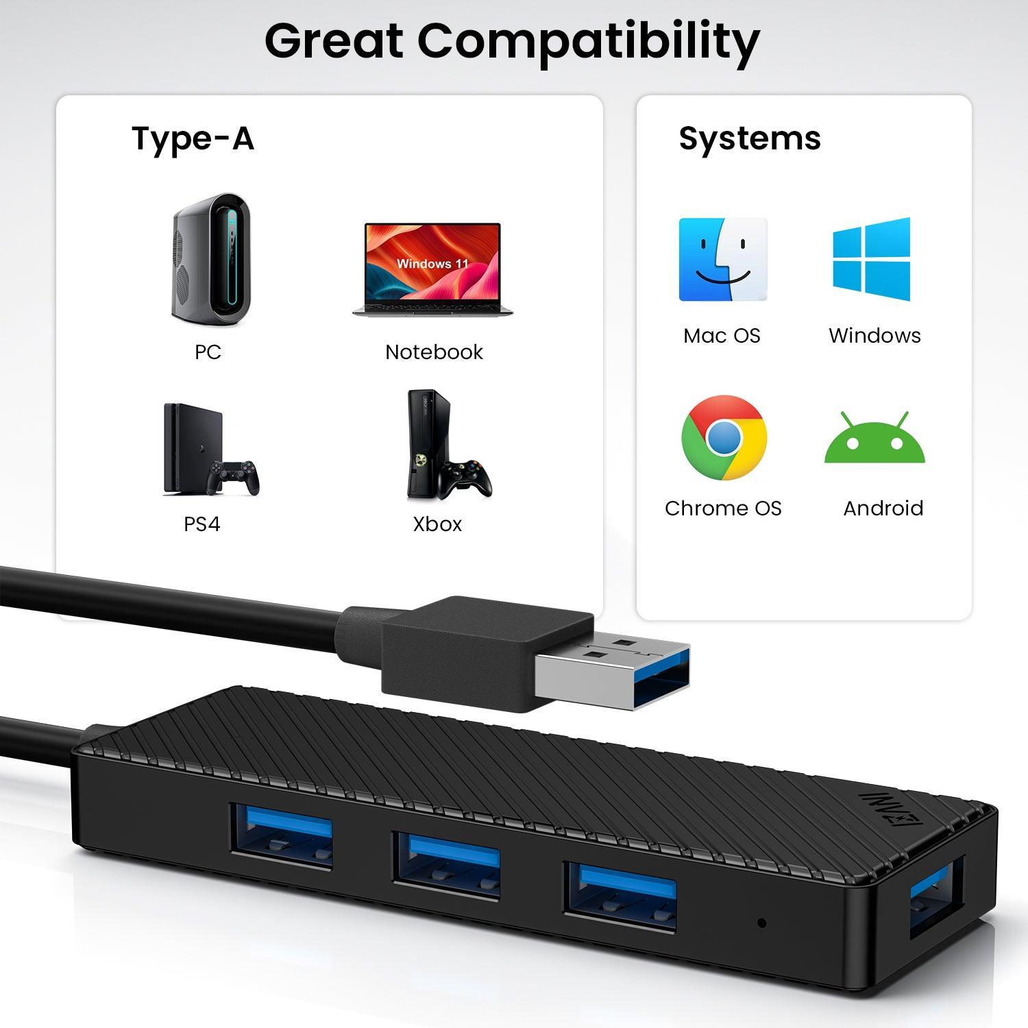 INVZI MagHub 4 - Port USB 3.0 Hub Ultra - Slim Data USB - A Hub with 2ft Cable - INVZI