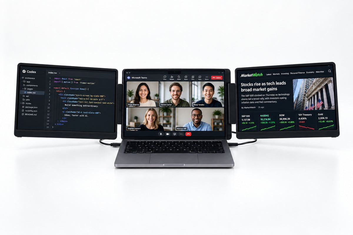 INVZI MagHub Dual 14-inch showing code, a video meeting and work dashboards across three screens.