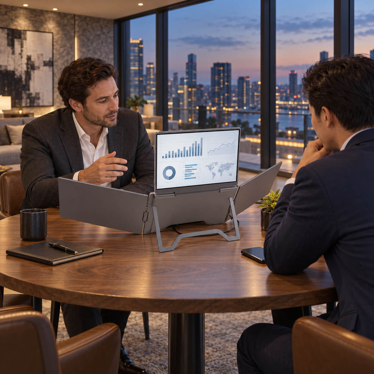 Two people reviewing charts on a MagHub Quad 16 screen during a meeting.