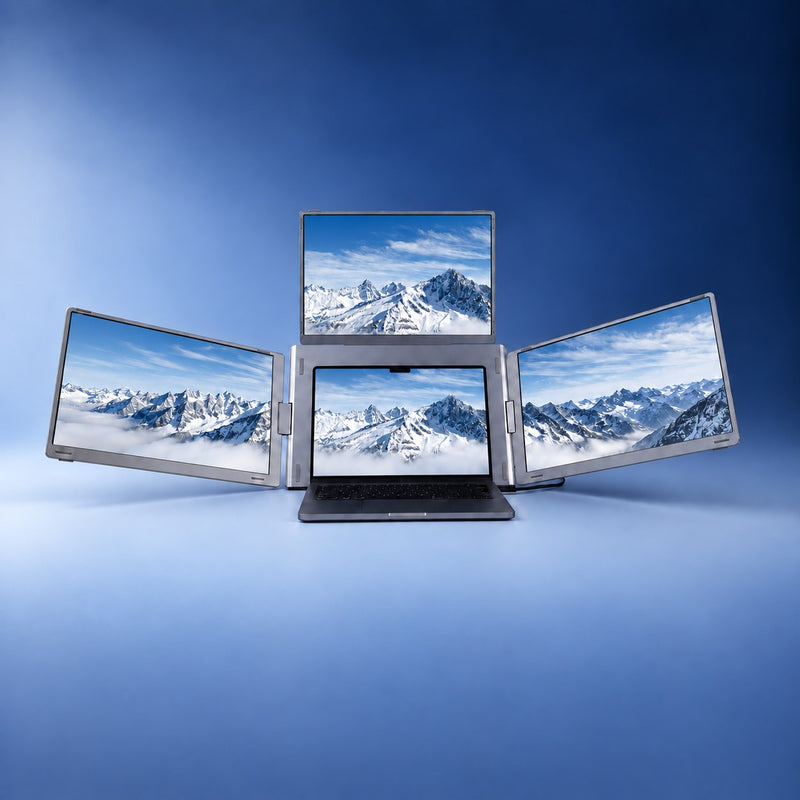MagHub Quad 16 unfolded around a laptop with snowy mountain wallpaper against a blue background.