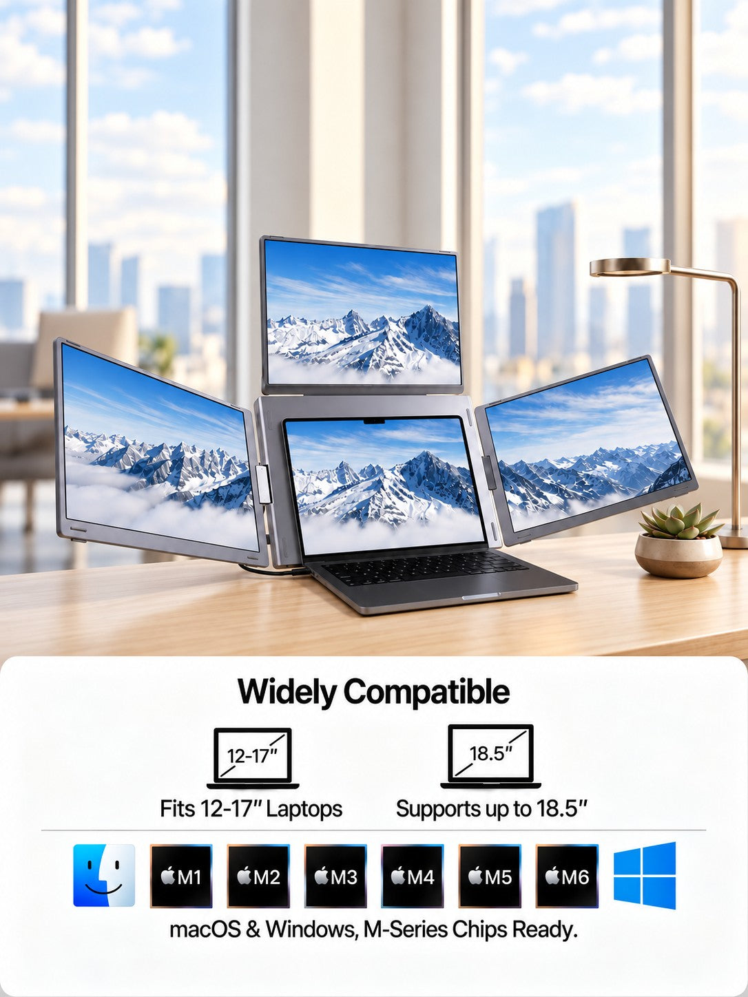 MagHub Quad 16 laptop compatibility guide with laptop size illustrations and macOS and Windows icons.