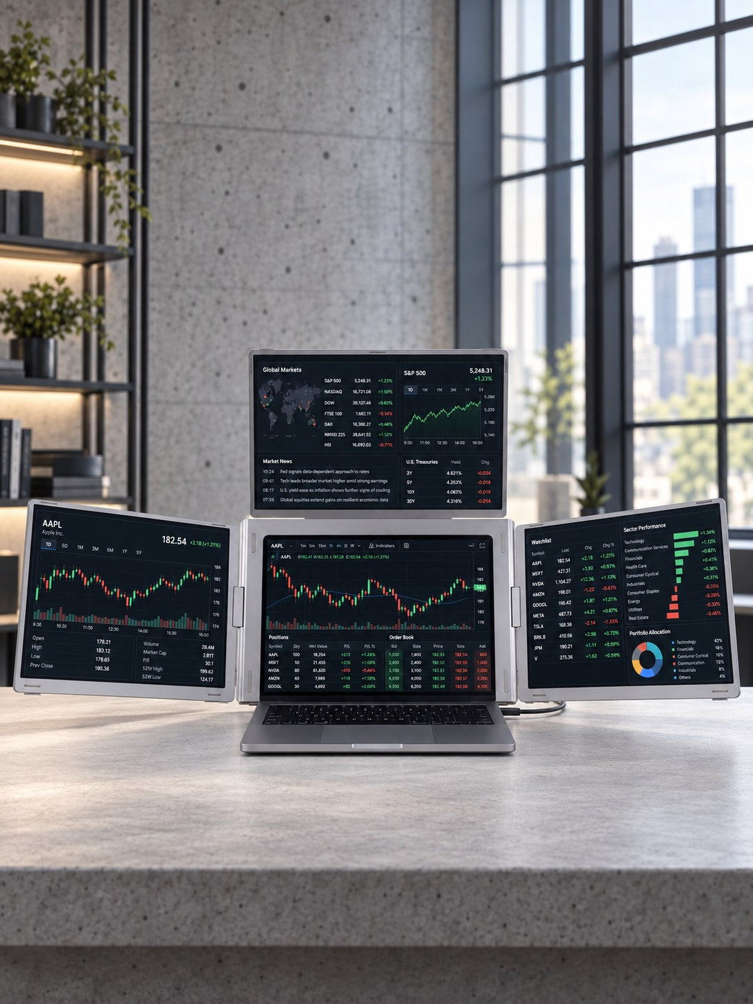 MagHub Quad 16 on a desk with market charts and financial dashboards across four screens.