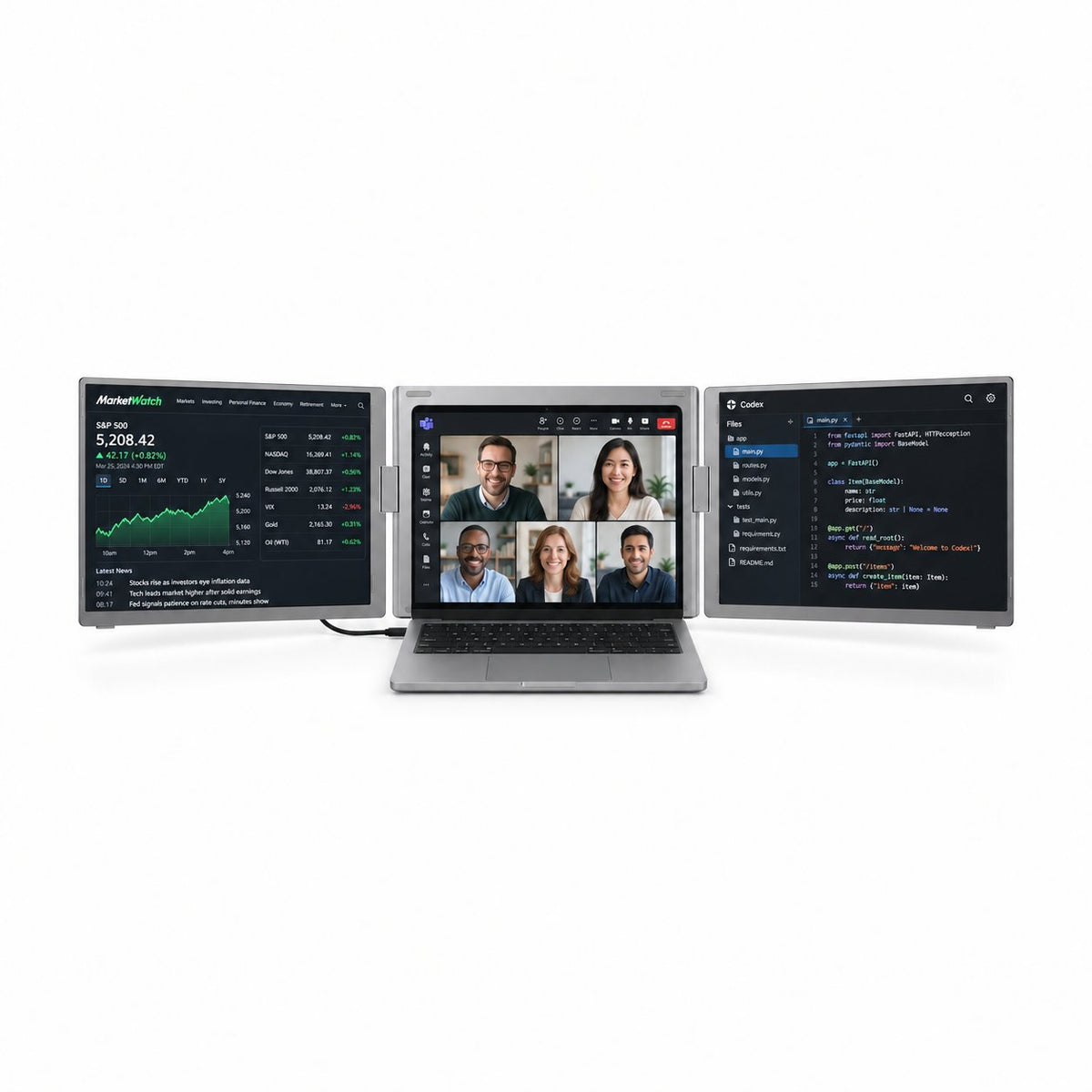 MagHub Trio Go 16 showing market data, a video call, and code across three screens.