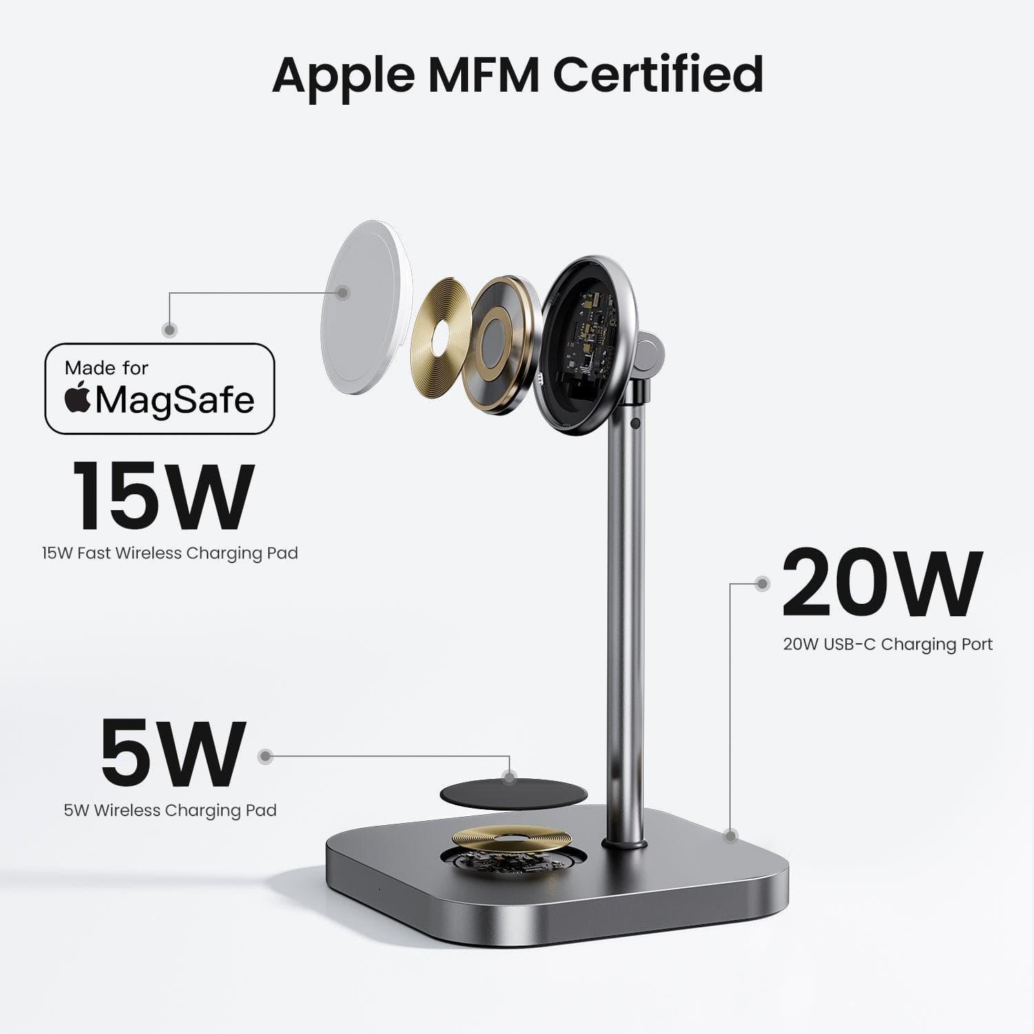 MagFree Elevate 3 - in - 1 MagSafe Wireless Charging Station for iPhone 15, Apple Watch and AirPods MFi Certified - INVZI