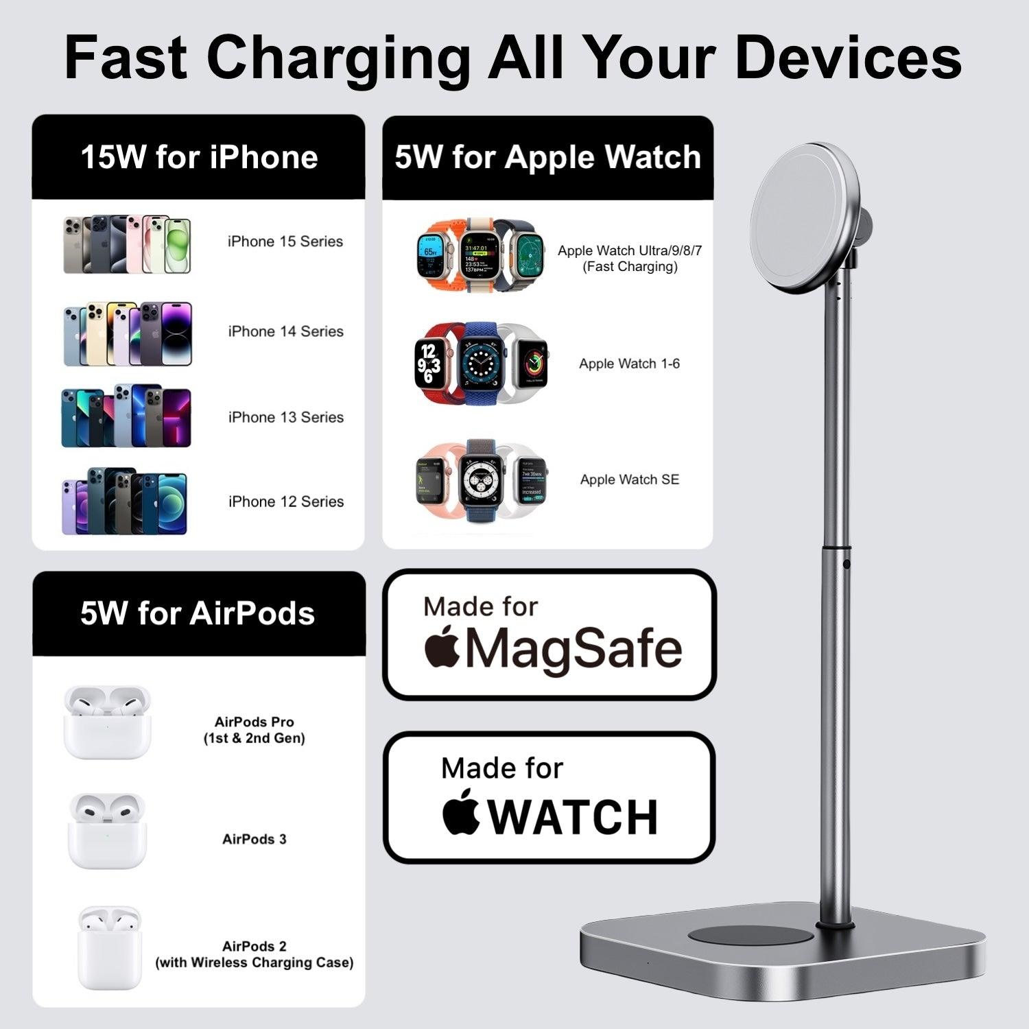 MagFree Elevate 3 - in - 1 MagSafe Wireless Charging Station for iPhone 15, Apple Watch and AirPods MFi Certified - INVZI