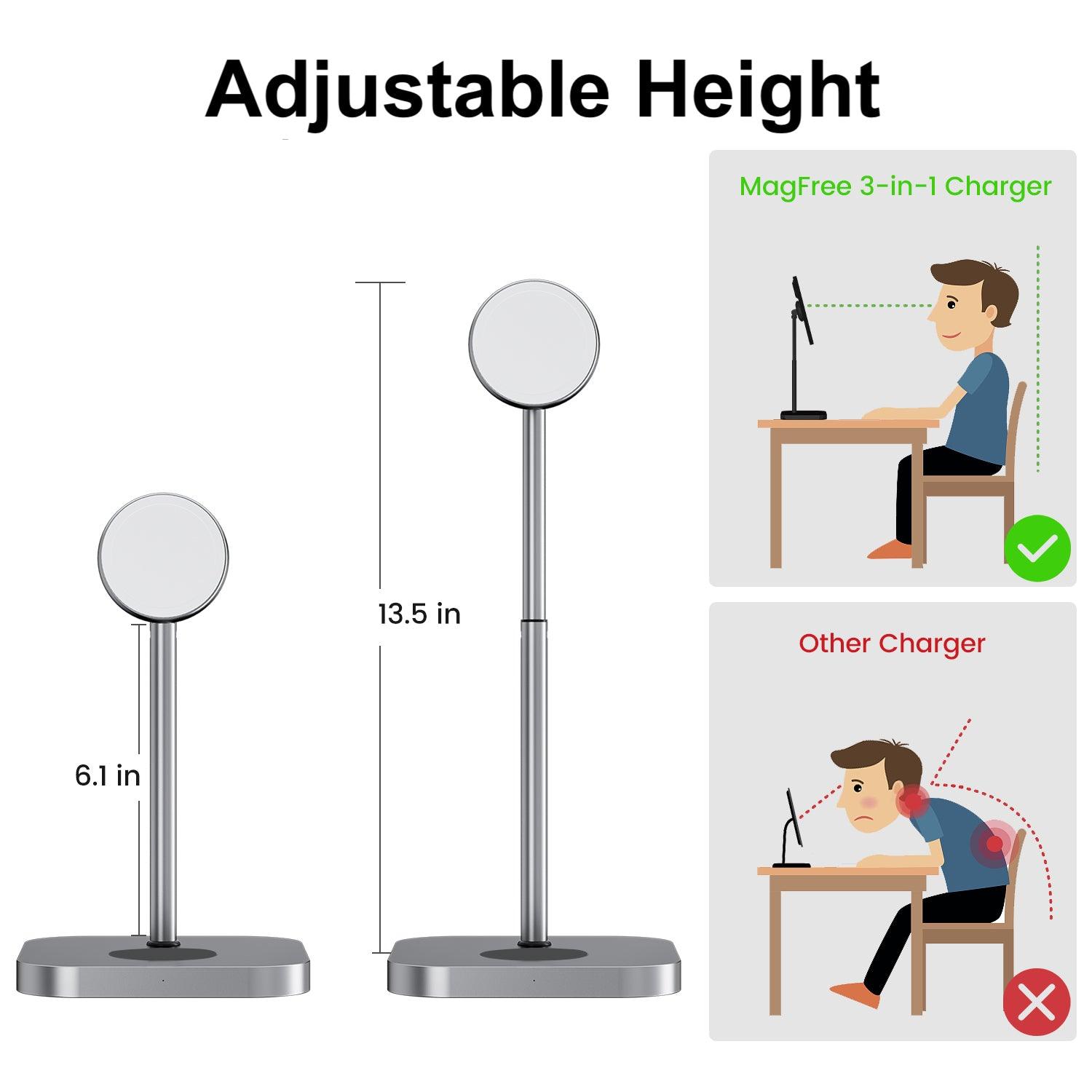 MagFree Elevate 3 - in - 1 MagSafe Wireless Charging Station for iPhone 15, Apple Watch and AirPods MFi Certified - INVZI