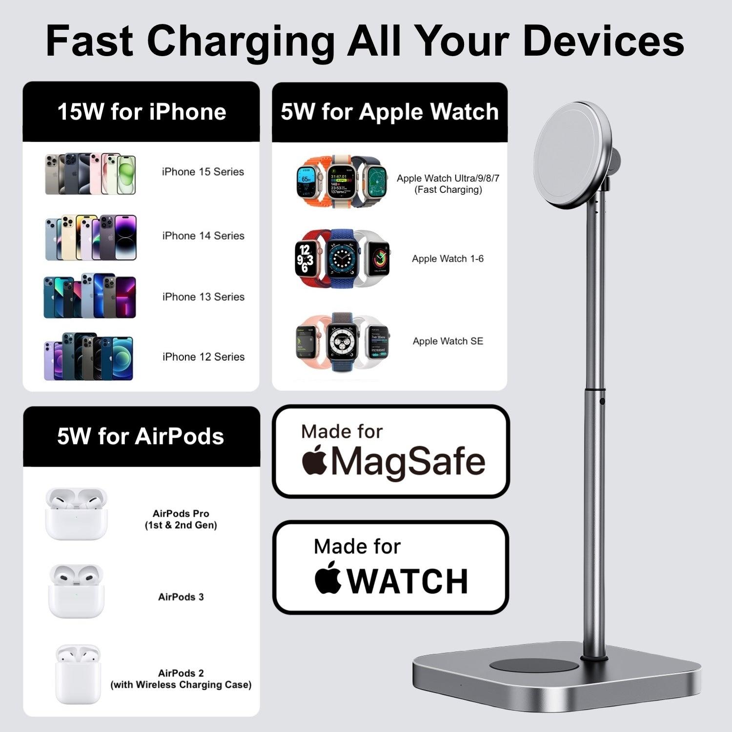 MagFree Elevate 3-in-1 MagSafe Wireless Charging Station for iPhone 15, Apple Watch and AirPods MFi Certified - INVZI