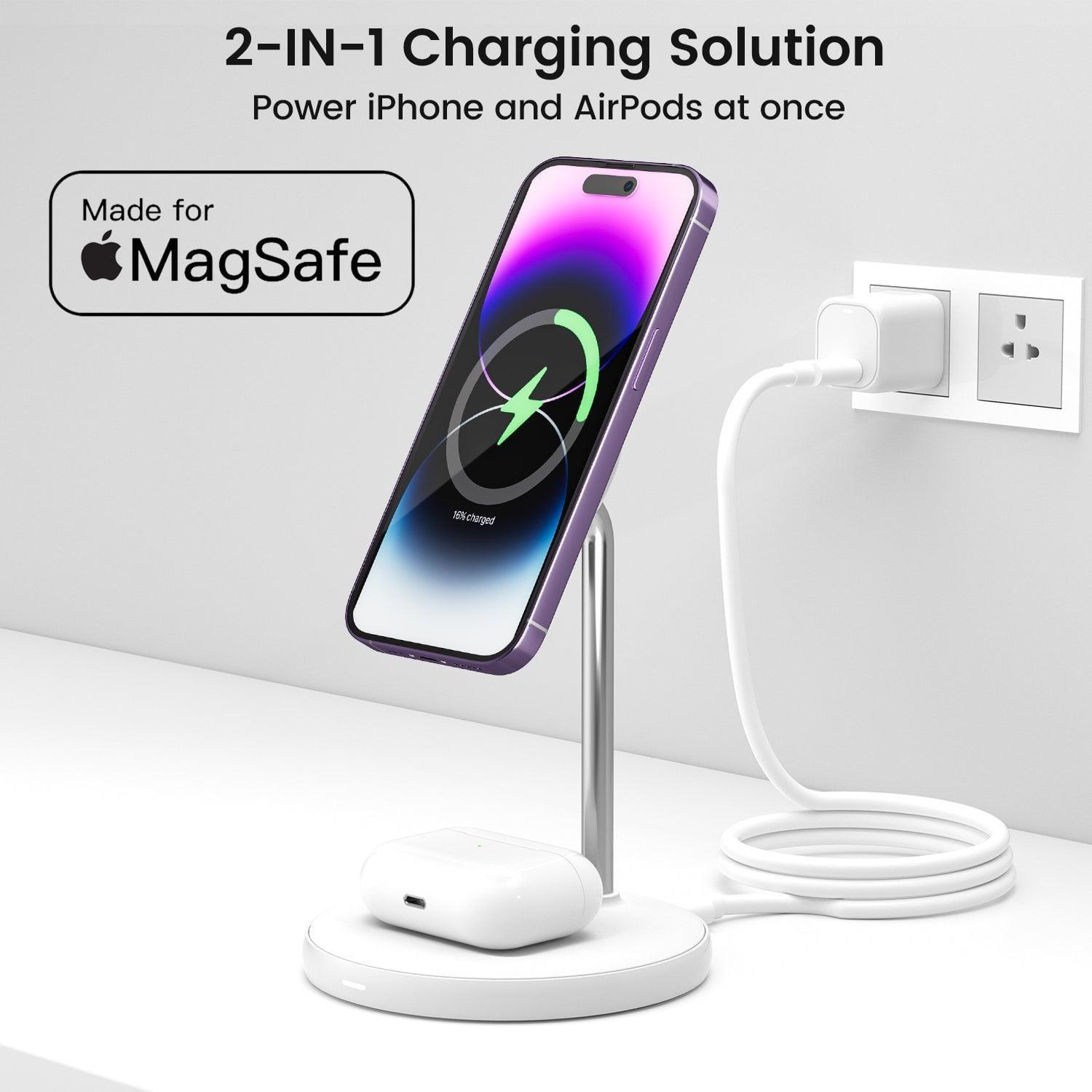 MagFree MFi 2 - in - 1 MagSafe Charger Wireless Charging Stand for iPhone 15 and AirPods - INVZI
