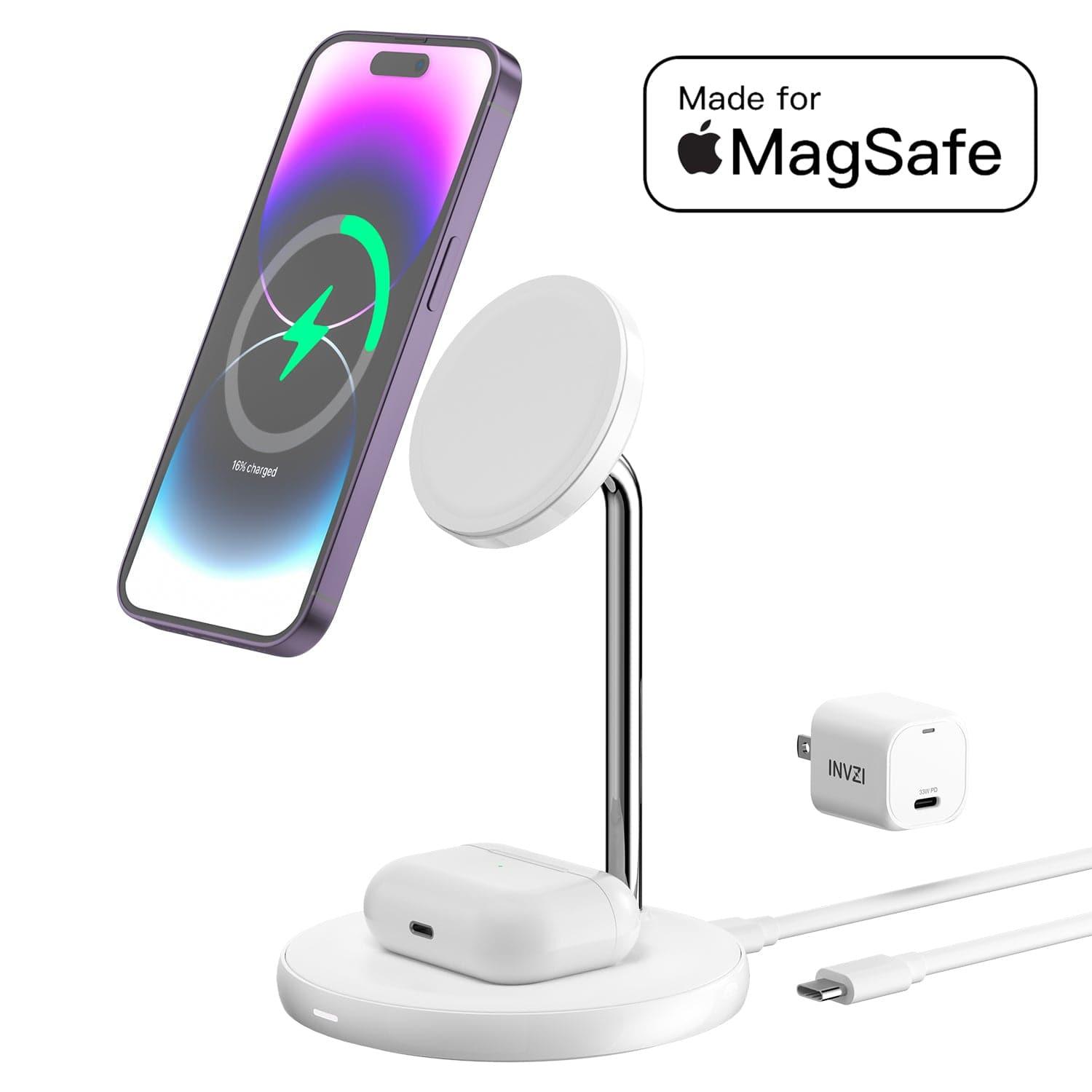 INVZI MagSafe Wireless Charger INVZI MagFree MFi 2-in-1 MagSafe Charger Wireless Charging Stand MFM Certified with 33W GaN USB-C Charger