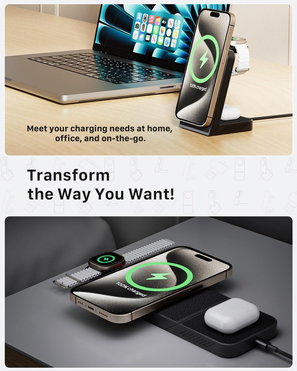 MagFree Transform 3 - in - 1 Fast Wireless Charger for iPhone 15, Apple Watch and AirPods - INVZI