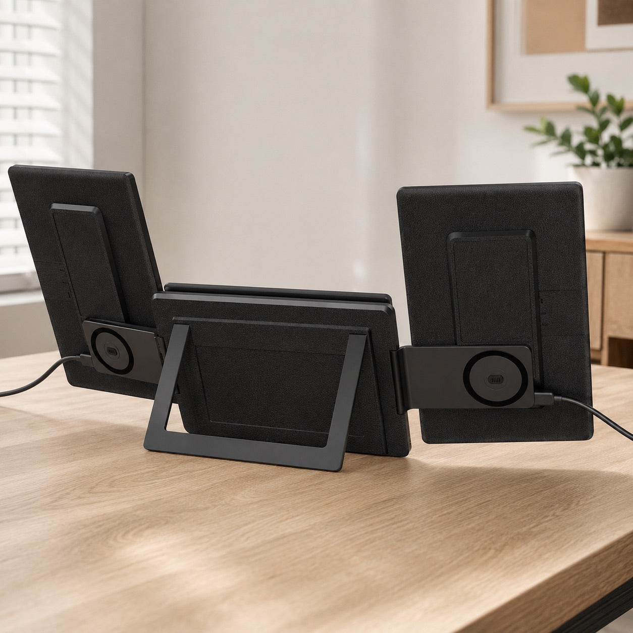 Rear view of MagHub Dual Lite 16 showing detachable side-screen mounts and the integrated support stand.
