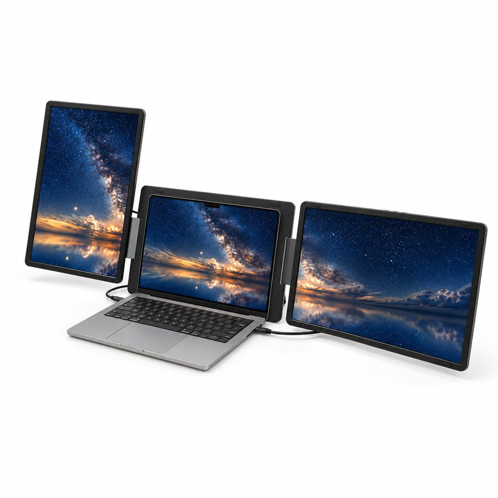 Angled view of the INVZI MagHub Dual Lite 16 with one portrait and one landscape display attached beside a laptop, showing stars over a lake.