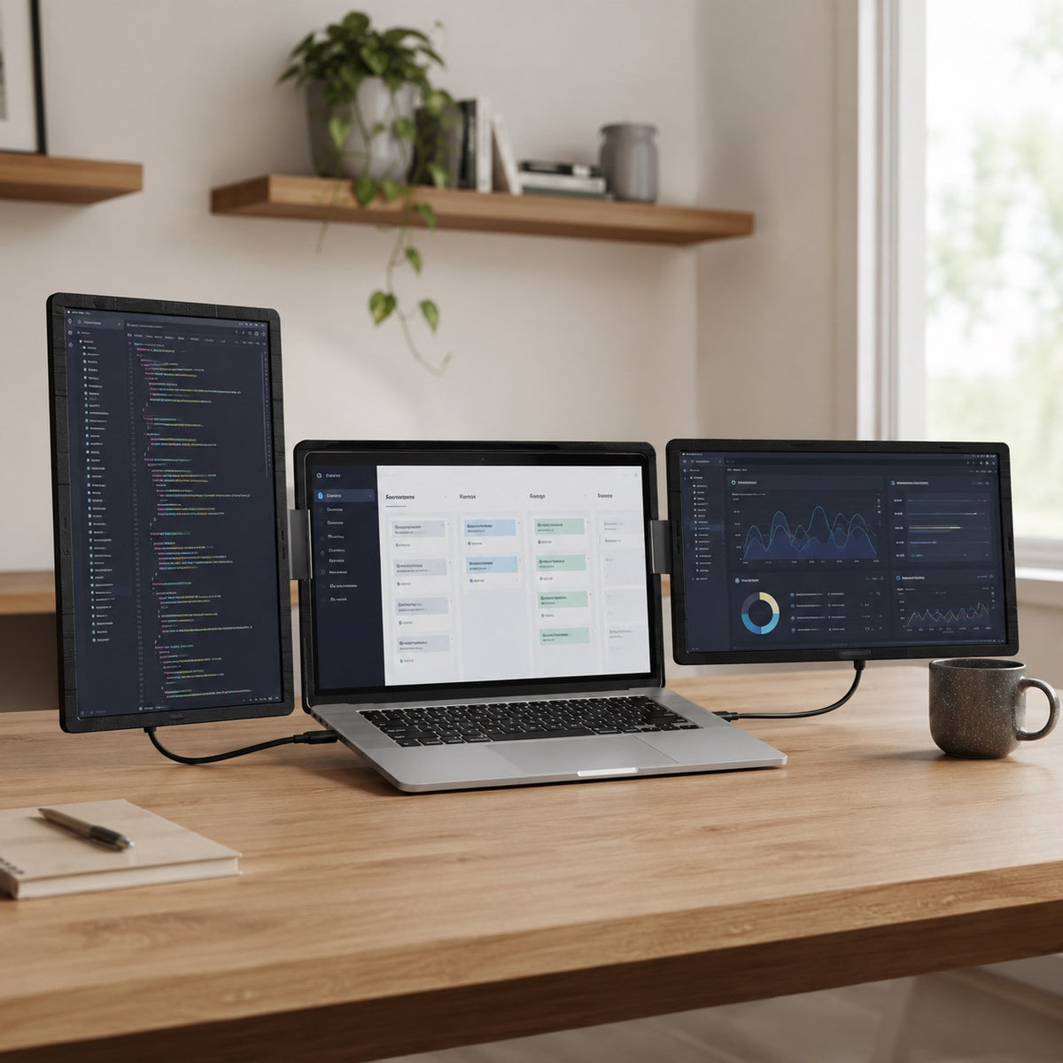 MagHub Dual Lite 16 with one detachable screen in portrait orientation and one screen in landscape orientation on a laptop workspace.