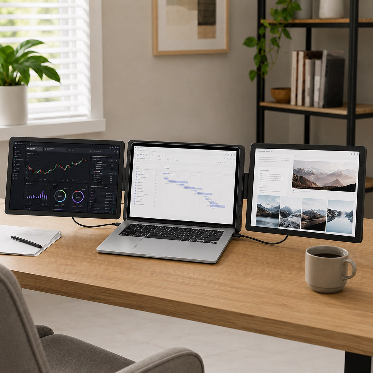 MagHub Dual Lite 16 portable dual-screen extender connected to a laptop in a three-screen home office workspace.
