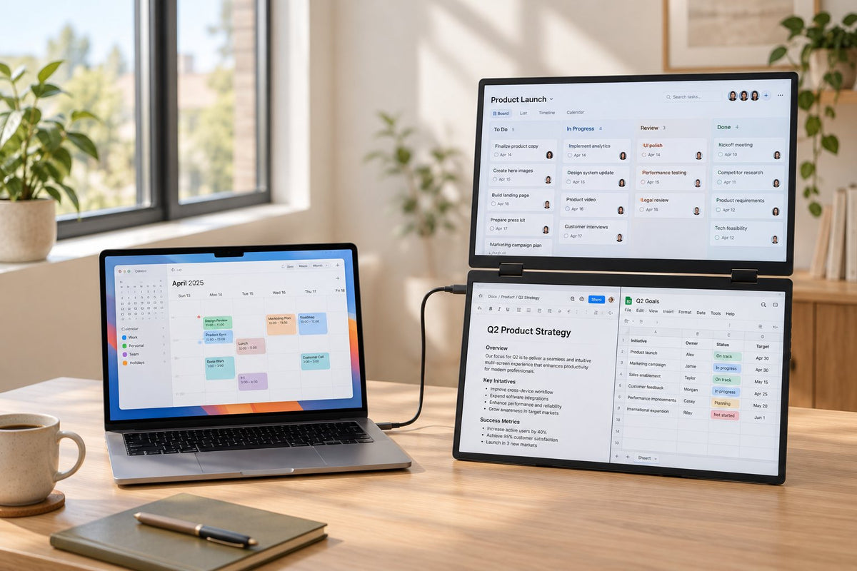 MagHub Fold 16 on a home-office desk with project planning and documents across the screens.