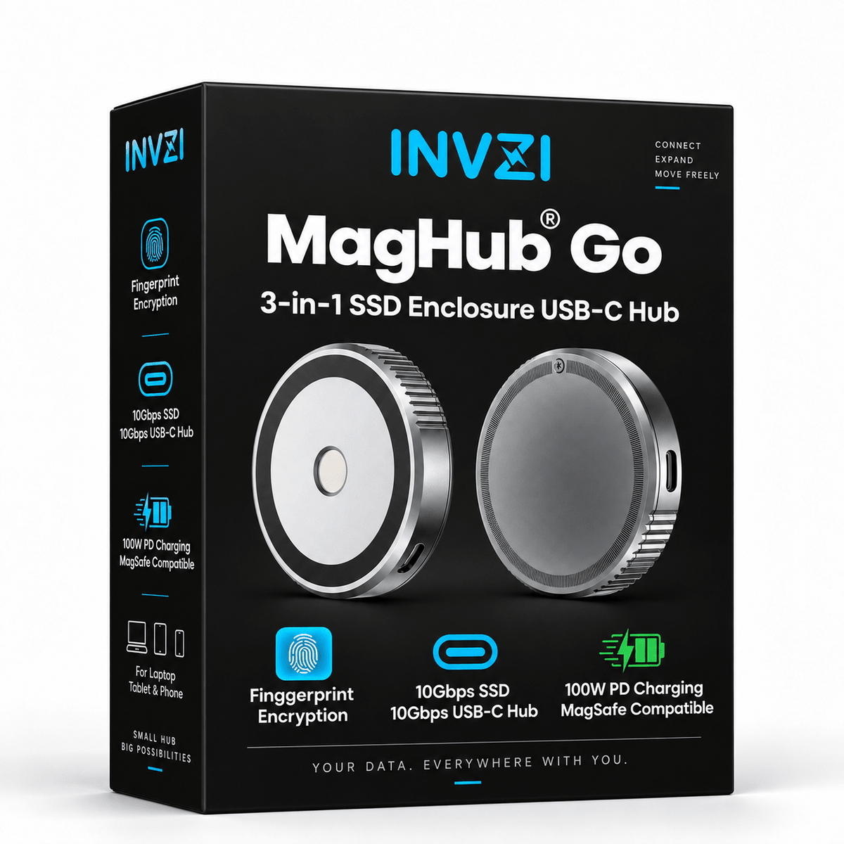 MagHub Go- 3-in-1 Portable SSD Enclosure and USB-C Hub with Fingerprint Encryption - INVZI