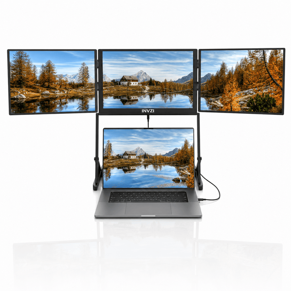 INVZI dual 16-inch foldable laptop screens connected to a laptop for triple-screen productivity