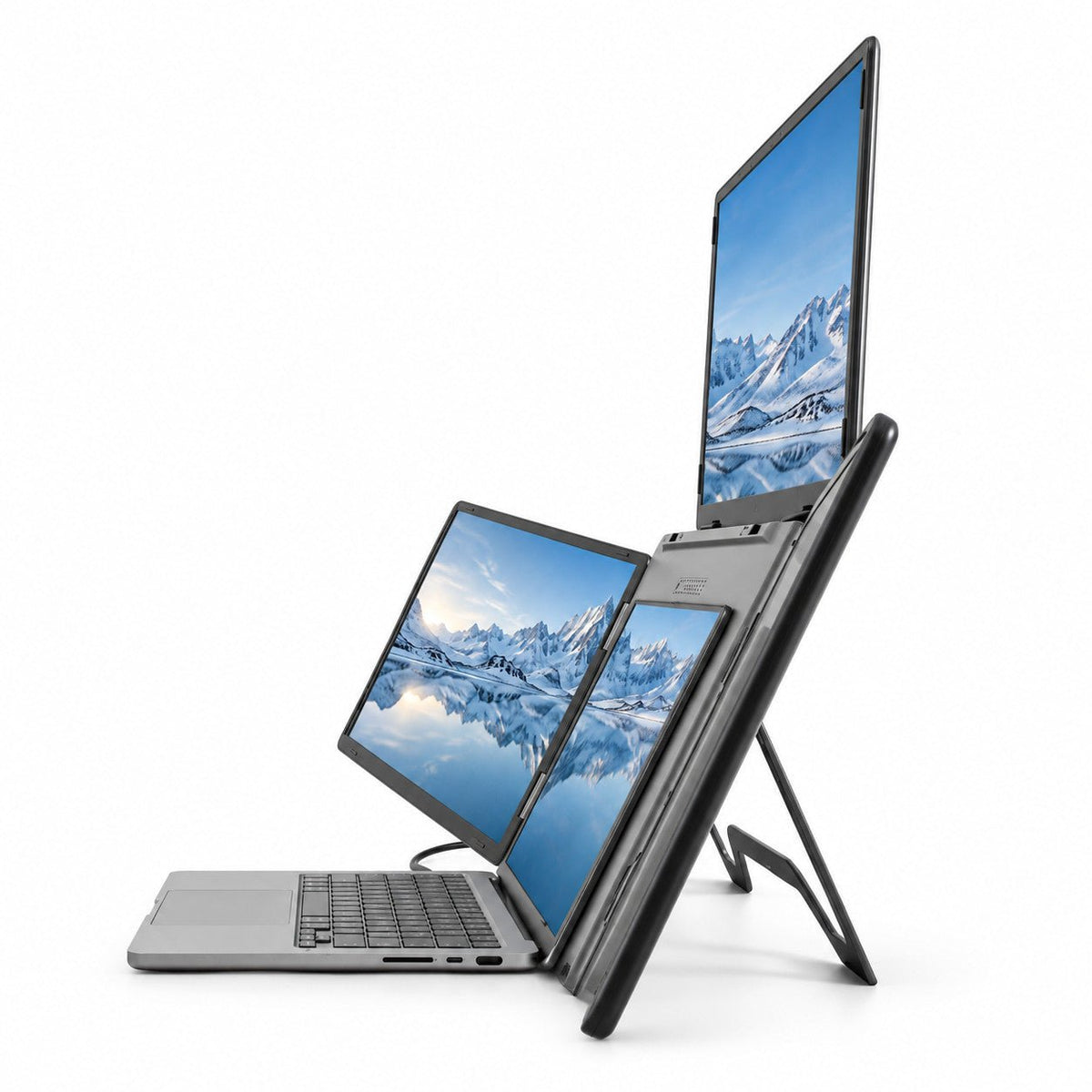 Side view of the INVZI MagHub Quad Max screen extender attached to a laptop, showing the raised upper display and rear support stand.