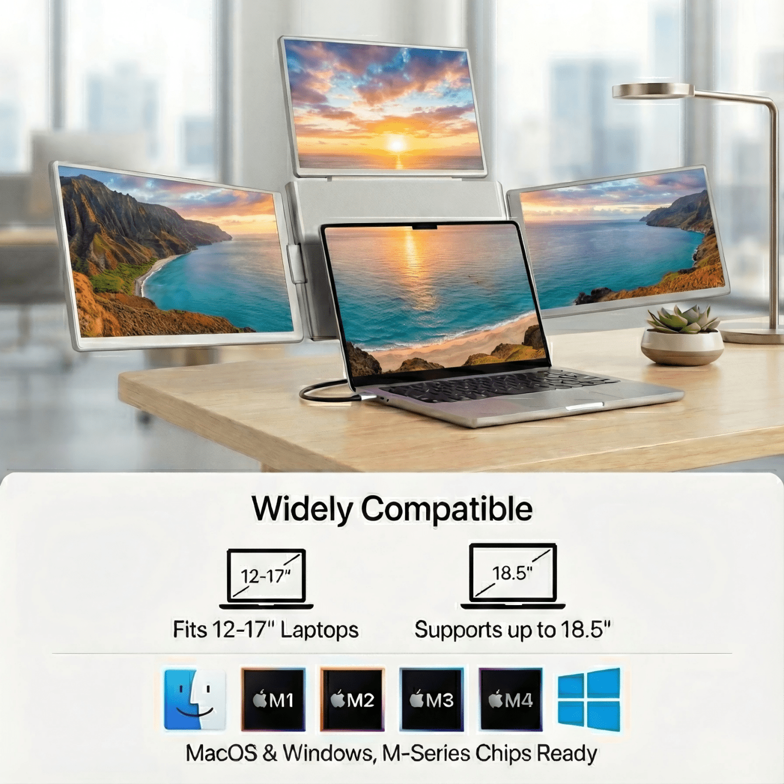 MagHub Quad Pro 16 portable triple monitor for laptop showing macOS, Windows, and M-series compatibility