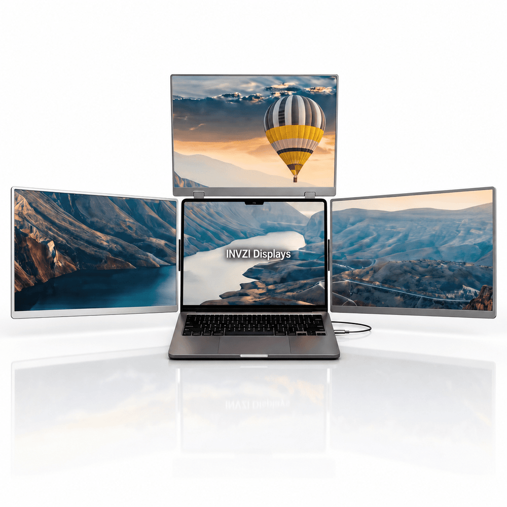 MagHub Quad Pro 16 portable triple monitor for laptop showing side and top screen extender setup