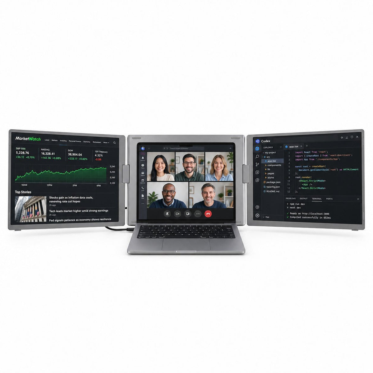 MagHub Trio Go 16 displaying a market dashboard, video meeting and code across three screens.